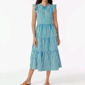 J. Crew Tiered Cotton Striped Midi Dress Dobby Blue White Ruffle Flutter Large